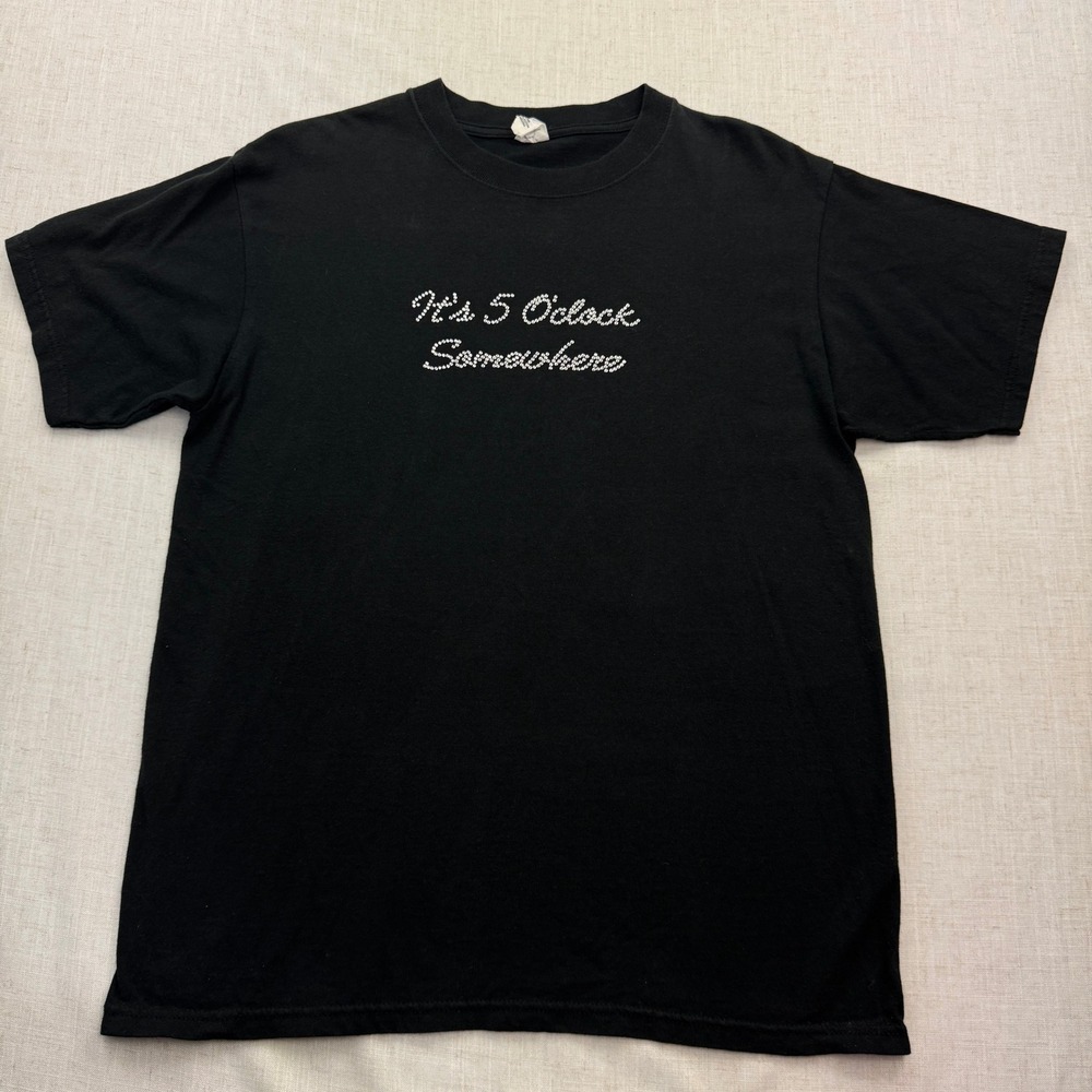5 O'Clock Somewhere T-Shirt Womens Large Black Rhinestone Bling Tee Buffett Y2K